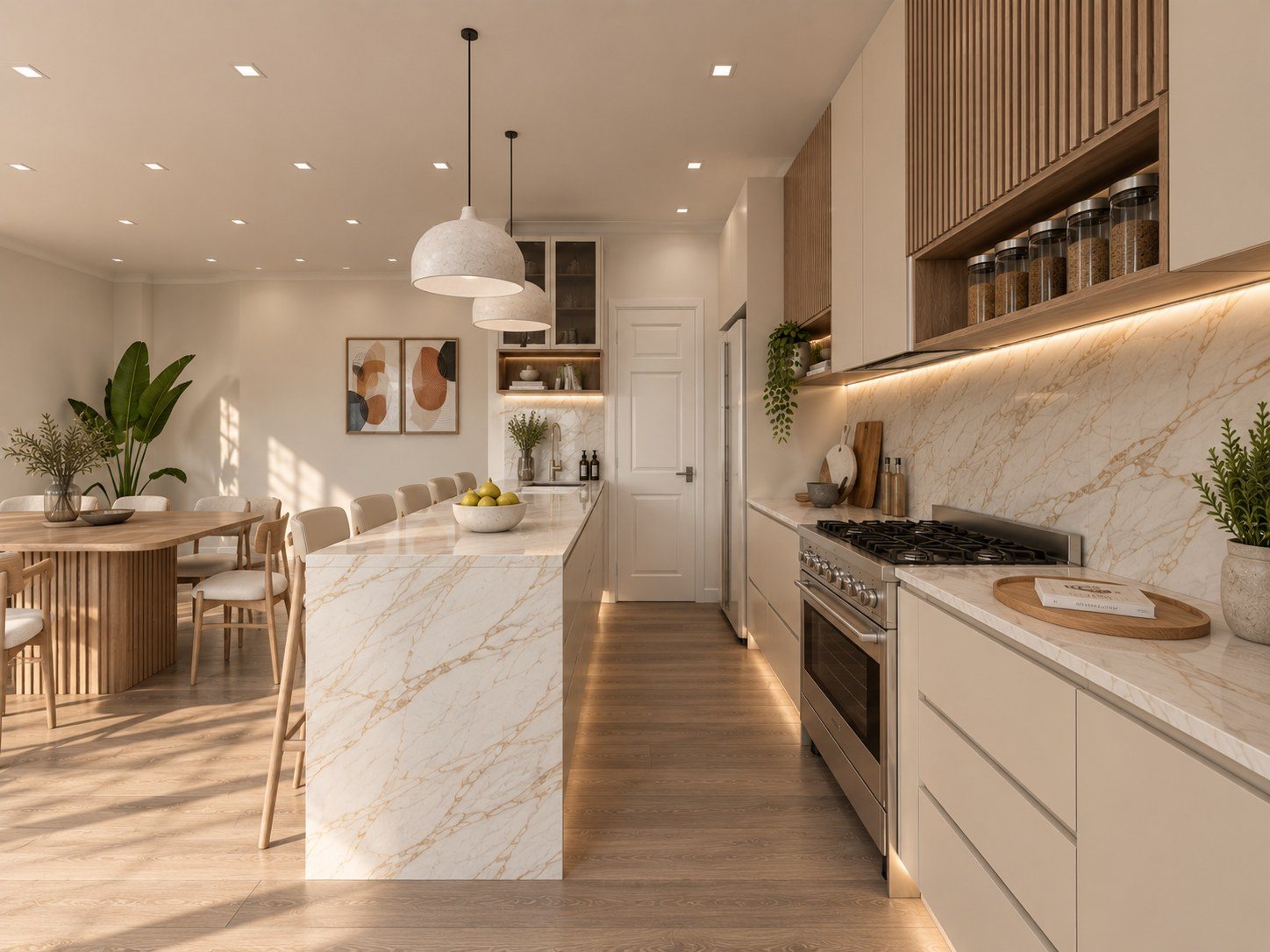 Cream and fluted-oak kitchen at Vawda House with a stone waterfall island