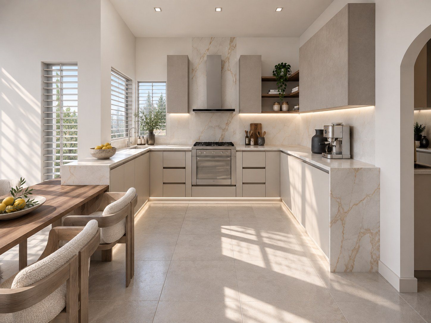 Kalpana kitchen with a stone splashback and waterfall end