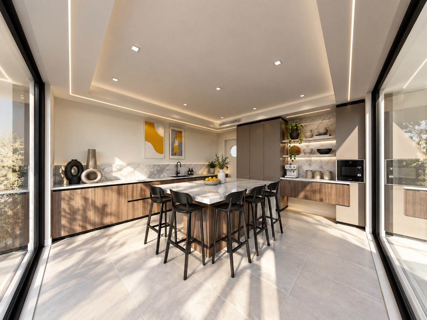 Hall of Diamonds kitchen with an island, bar seating and timber cabinetry