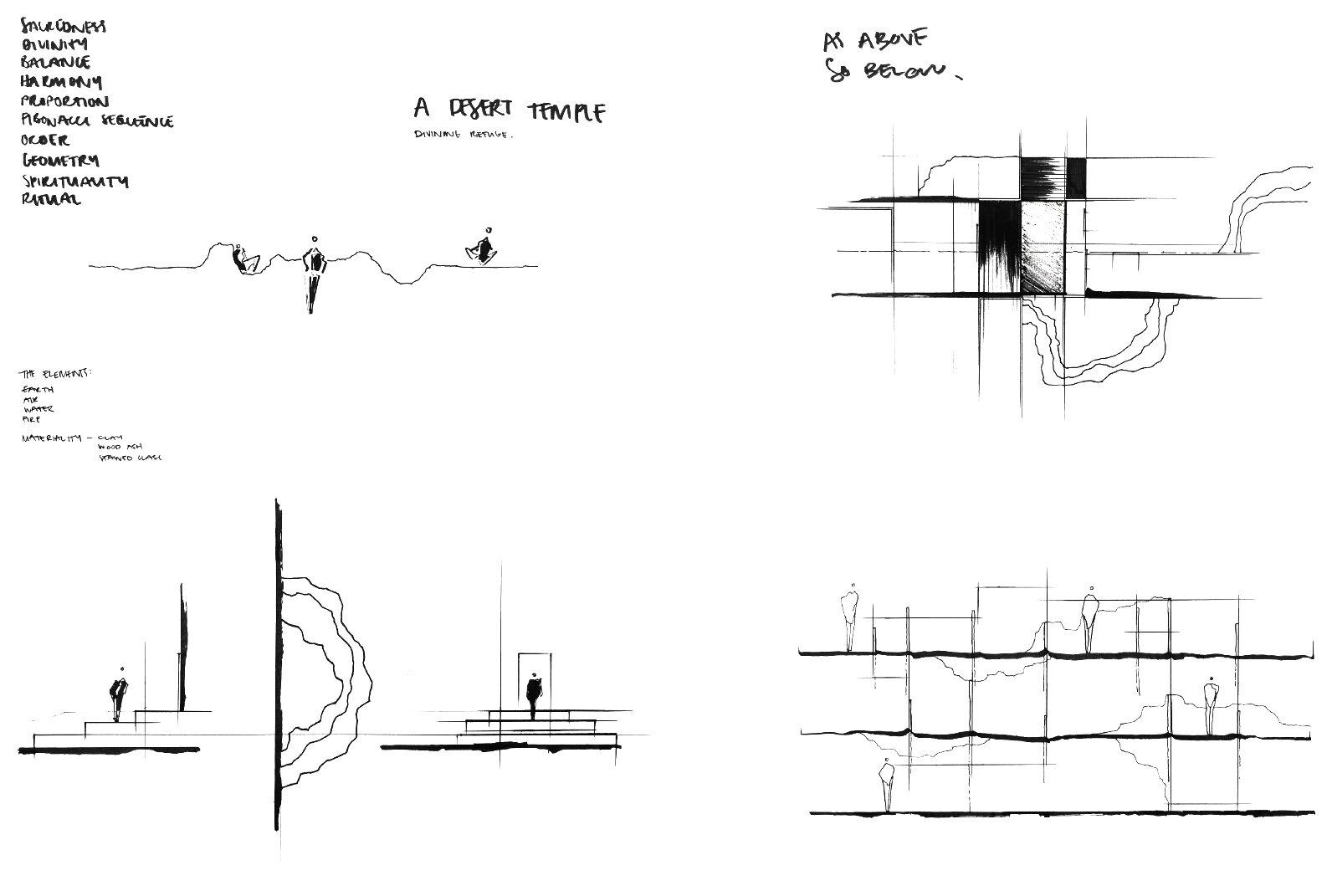 Hand sketches of sections stepping down into the ground