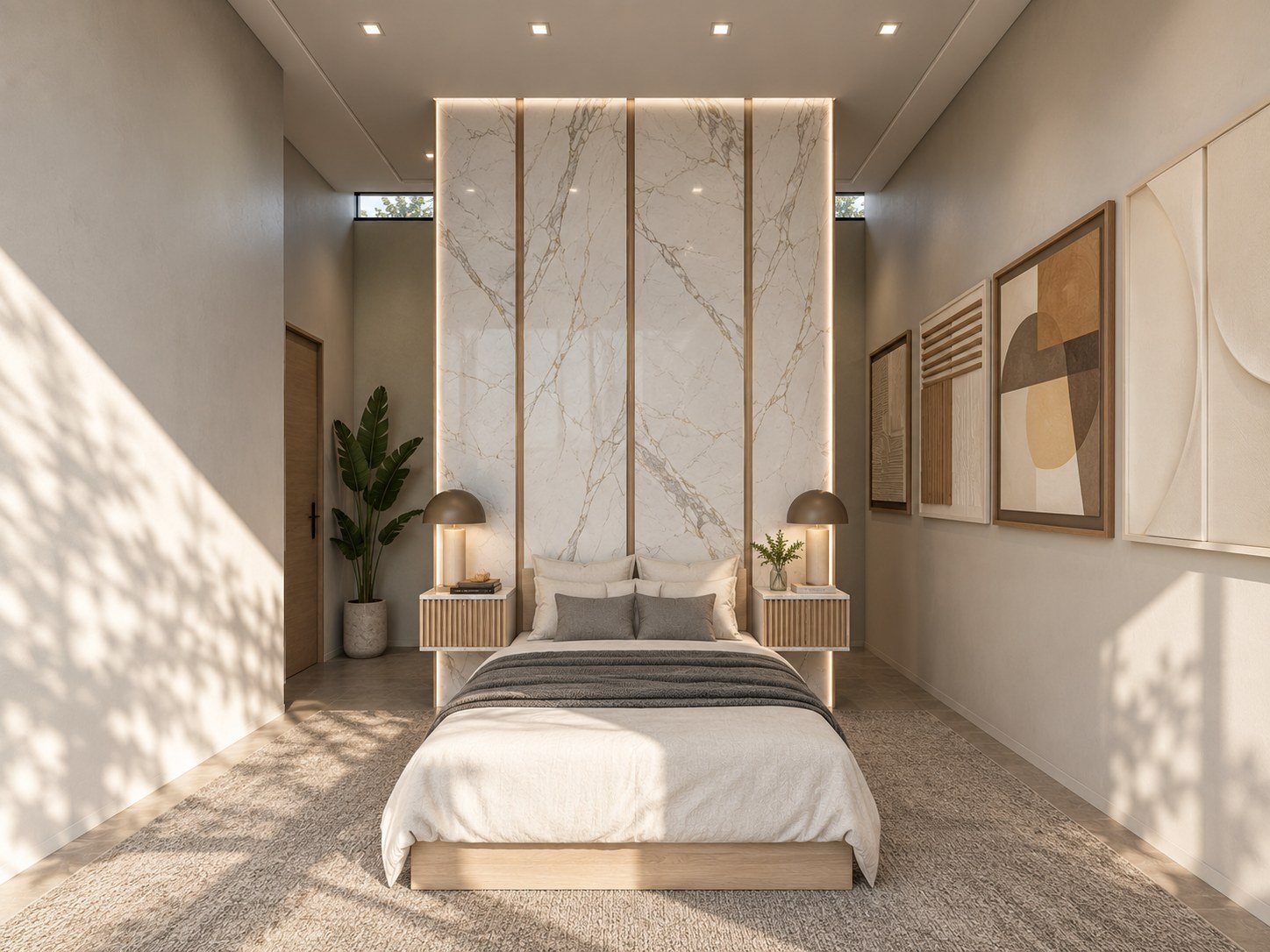 Master bedroom at Shahaboodien House with full-height oak joinery and concealed lighting