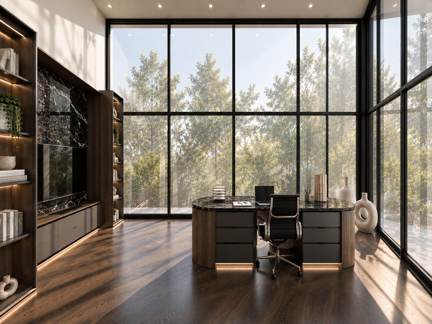 Study at Shahaboodien House with double-height glazing and a black stone media wall