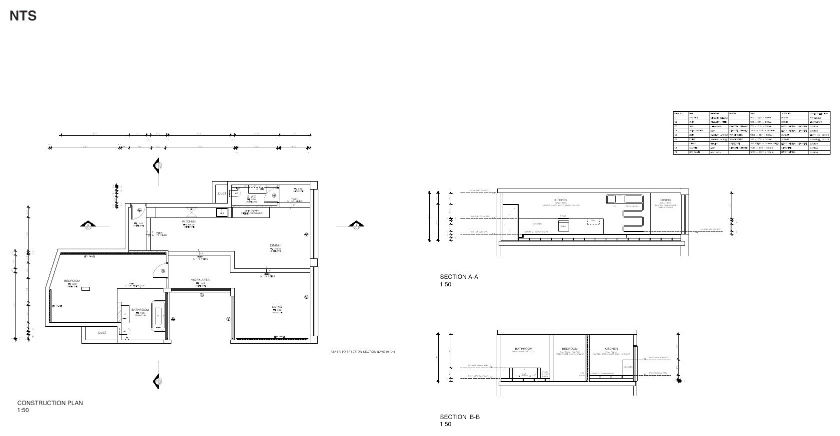 Apartment construction plan and sections at 1:50 with finishes noted