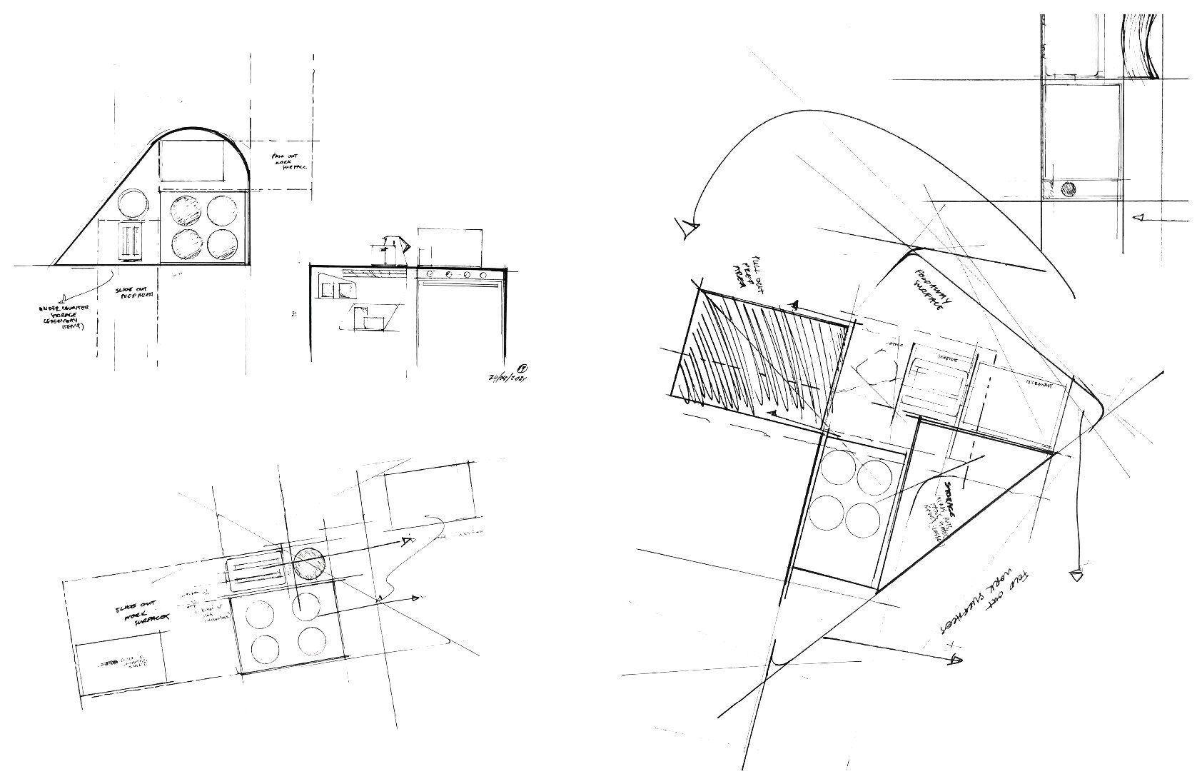 Sketches of the sculpted counter and island