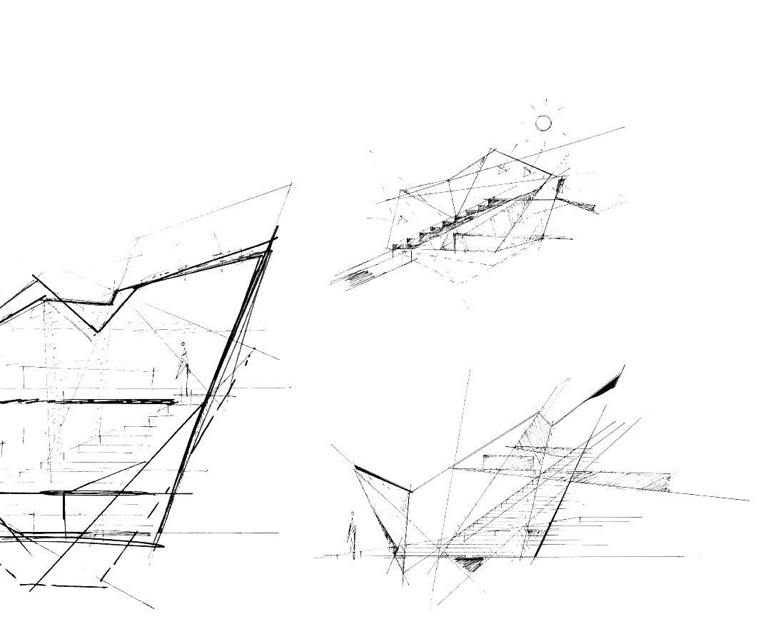Hand sketches of a cabin designed around solitude