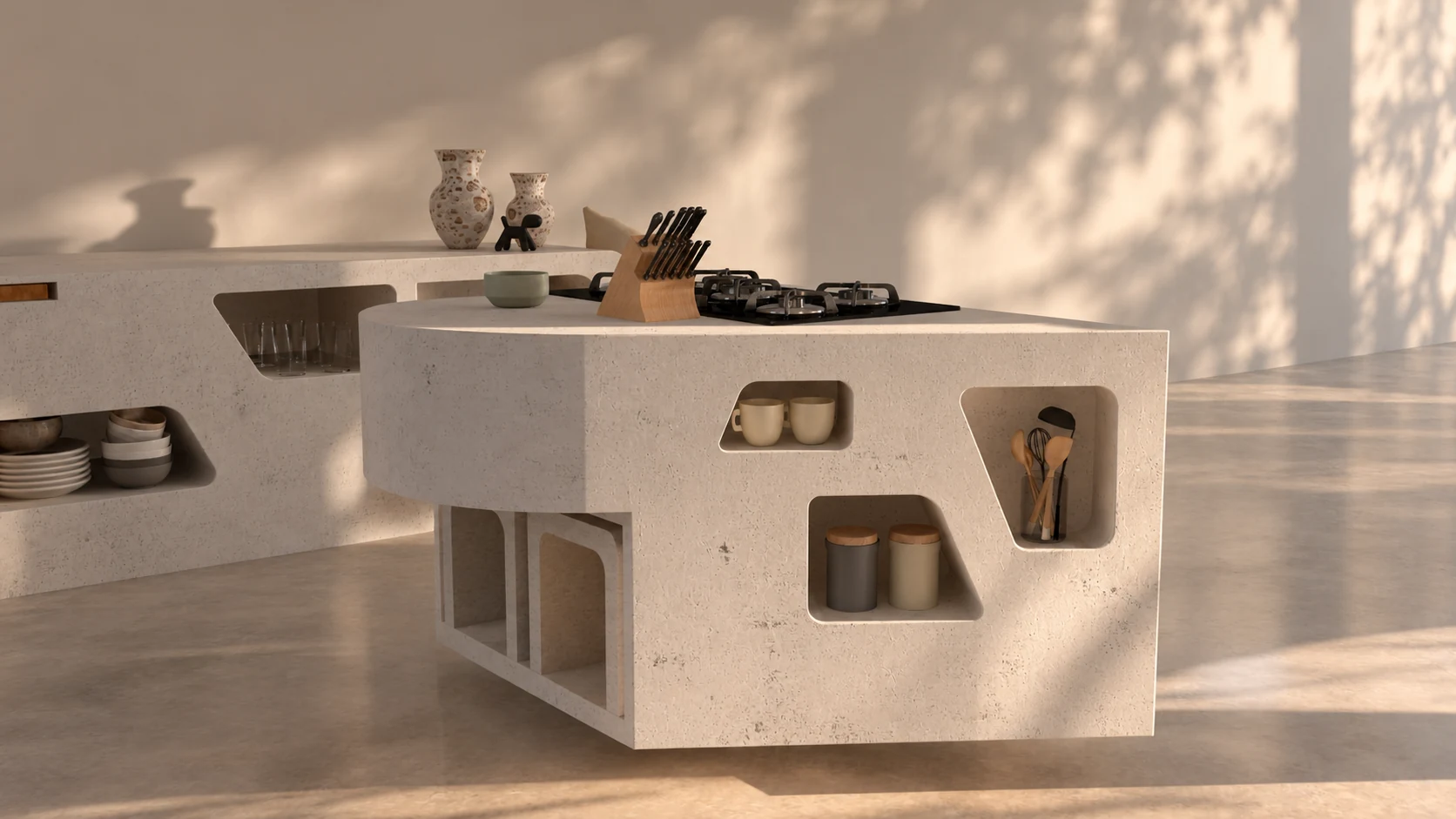 Sculpted counter — establishing view — design visualisation