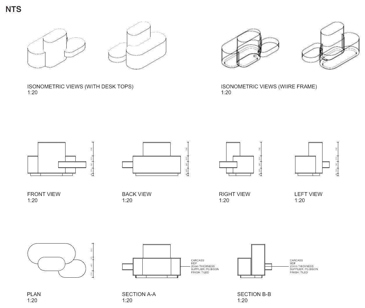 Furniture views and sections at 1:20